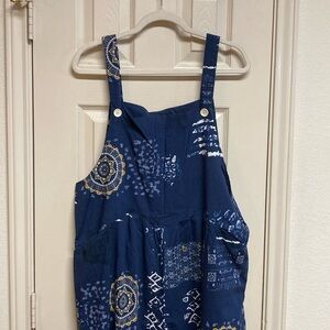 Boho Cotton Overalls Blue, Yellow and White Mandala and Patchwork Adjustable XL